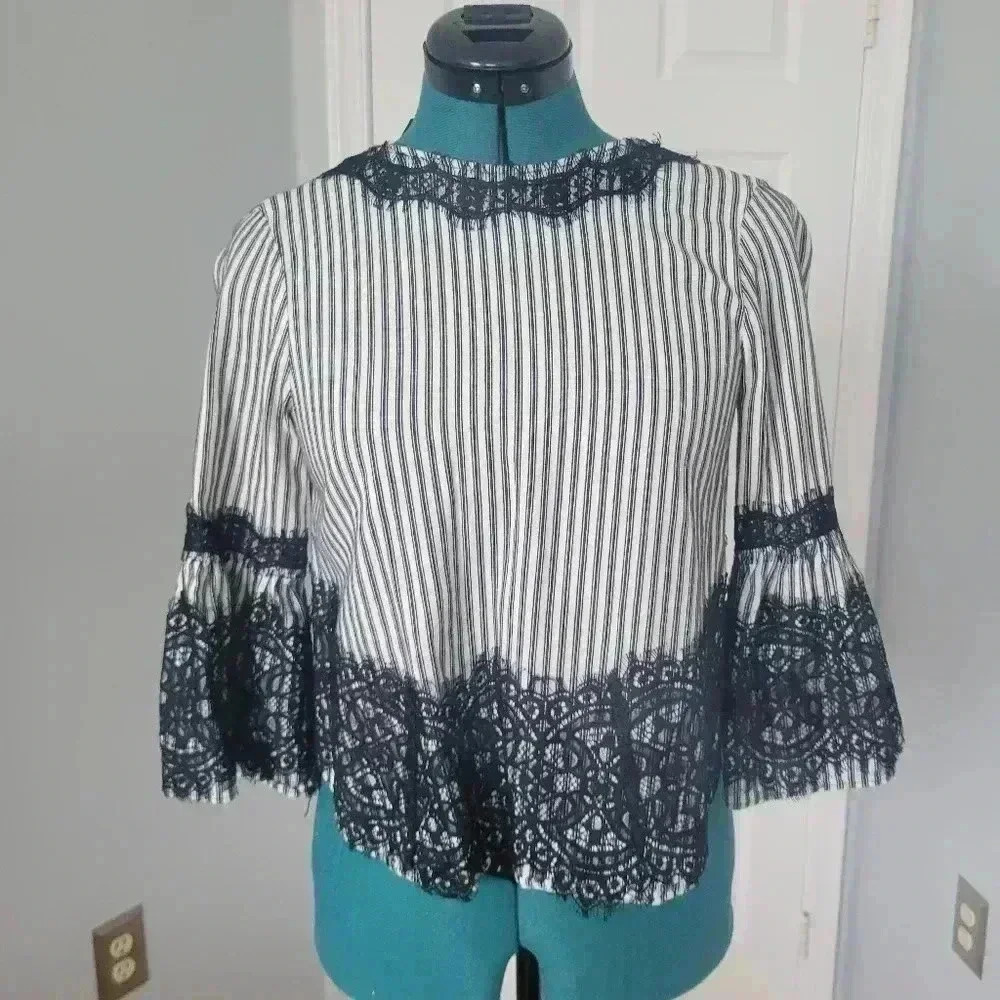 EUC Zara XS Lace Bell Sleeve Striped Tie Back Blouse